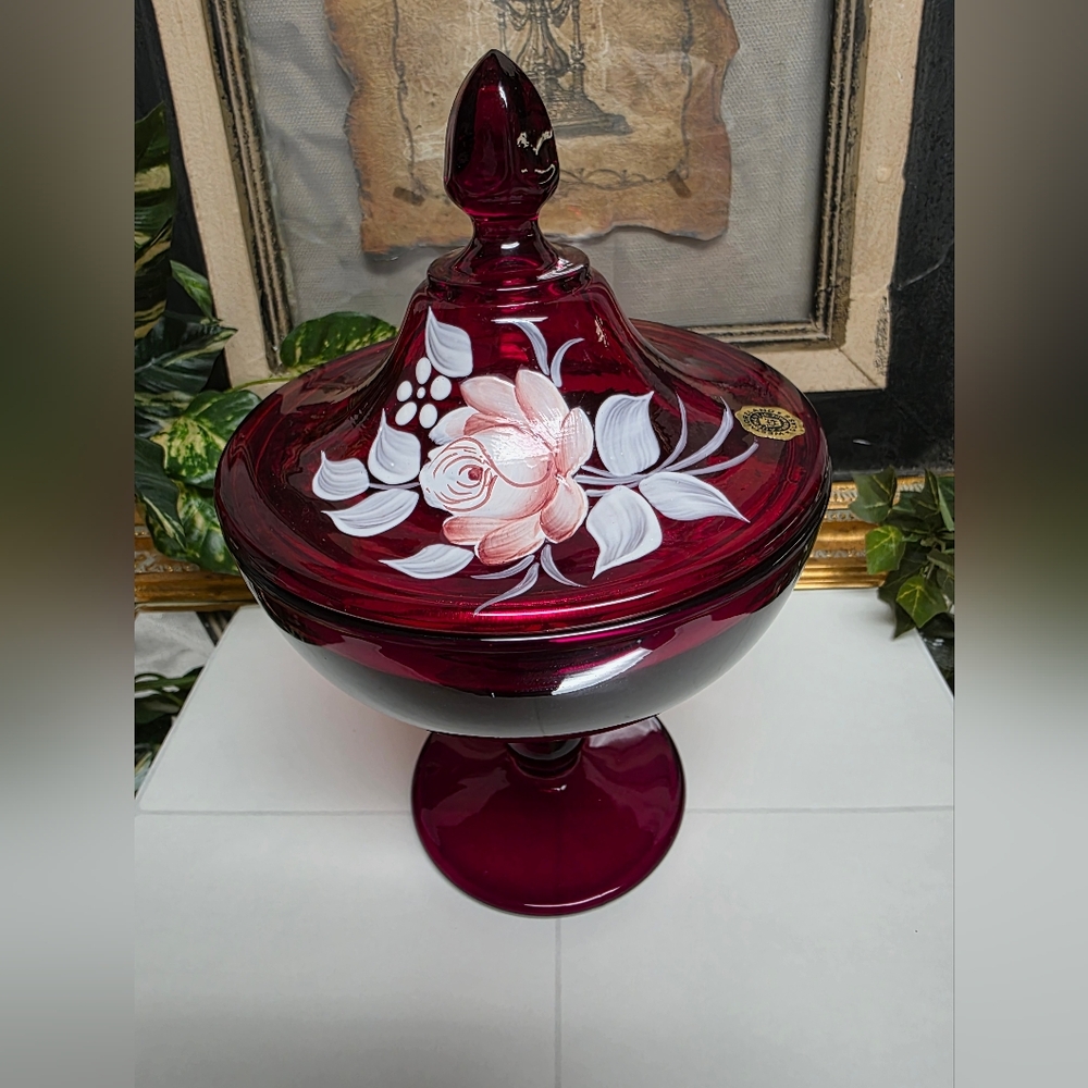 Westmore Vintage Red Glass Hand Painted, Signed, & Dated Candy Dish with Lid.